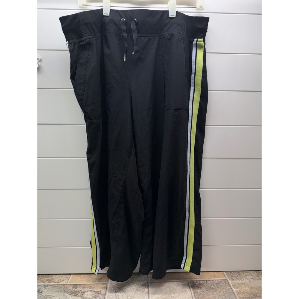 Calvin Klein Performance‎ Womens 1X Black Wide Leg Track Pants Lime Stripe